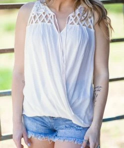 ADORA Cream Surplice Front Crochet Lace Yoke Tank Tops