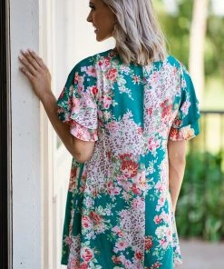 Andree By Unit Dresses Teal Multicolor Floral Short Sleeve Dress
