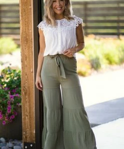 Very J Olive Elastic Waist Tiered Wide Leg Pants