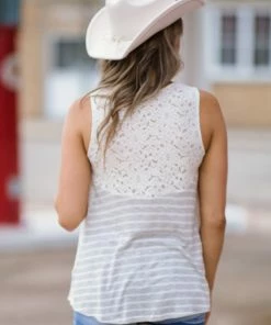 Doe & Rae Light Grey And White Stripe Lace Contrast Tank