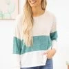 PS KATE LONG SLEEVES Turquoise And Ivory Colorblock Long Sleeve Top