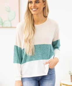 PS KATE LONG SLEEVES Turquoise And Ivory Colorblock Long Sleeve Top