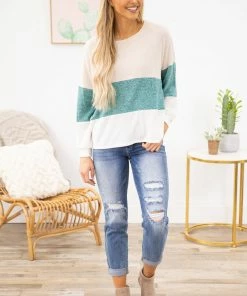 PS KATE LONG SLEEVES Turquoise And Ivory Colorblock Long Sleeve Top