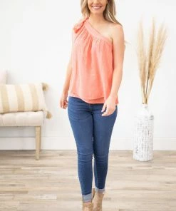 Kori America Coral Tied One Shoulder Banded Neckline Top 8 Kori America Coral Tied One Shoulder Banded Neckline Top
