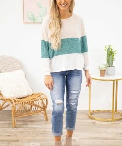 PS KATE LONG SLEEVES Turquoise And Ivory Colorblock Long Sleeve Top