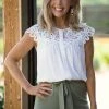 Shewin Tops White Crochet Lace Yoke Button Up Tank