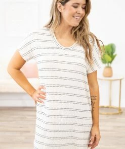 Cherish Ivory And Black Stripe Short Sleeve Dress