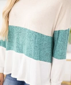 PS KATE LONG SLEEVES Turquoise And Ivory Colorblock Long Sleeve Top