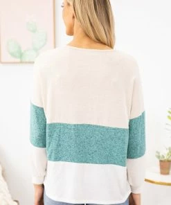 PS KATE LONG SLEEVES Turquoise And Ivory Colorblock Long Sleeve Top