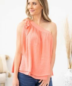 Kori America Coral Tied One Shoulder Banded Neckline Top