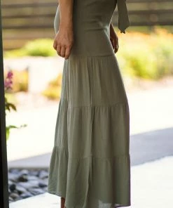 Very J Olive Elastic Waist Tiered Wide Leg Pants
