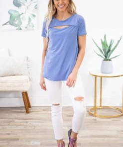 Heimish Dusty Blue Top With Keyhole Cutout