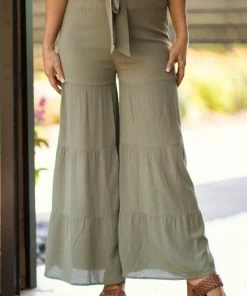 Very J Olive Elastic Waist Tiered Wide Leg Pants