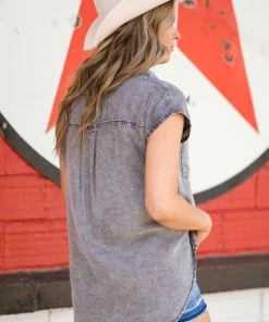 Doe & Rae Tops Black Wash Bleached Short Sleeve Button Up Top