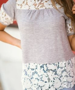 Doe & Rae Heathered Grey And White Crochet Lace Trim Top Tops