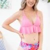 Stylish Swimwear Pink Ruffle Trim Two Piece Swimsuit