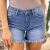 Kancan Medium Wash High Rise Fray Hem Shorts