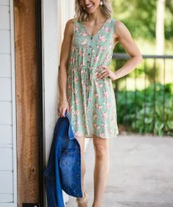 Staccato Sage Floral Button Down Elastic Waist Dress Dresses