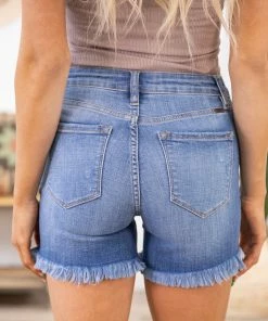 Kancan Medium Wash High Rise Fray Hem Shorts