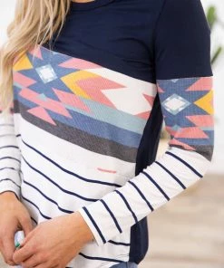 7th Ray Navy Multicolor Aztec Print Colorblock Top