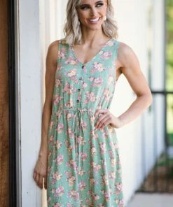 Staccato Sage Floral Button Down Elastic Waist Dress Dresses