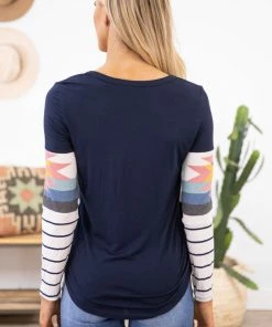 7th Ray Navy Multicolor Aztec Print Colorblock Top