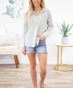 Be Cool Sage Roll Sleeve Button Up Top LONG SLEEVES