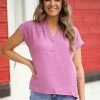 LUSH Tops Orchid Textured Cap Sleeve Notch Neck Top