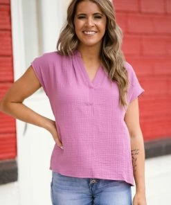 LUSH Tops Orchid Textured Cap Sleeve Notch Neck Top