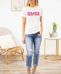 Sweet Claire SHORT SLEEVES White And Hot Pink MAMA Graphic Tee