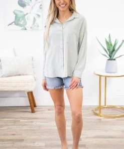 Be Cool Sage Roll Sleeve Button Up Top LONG SLEEVES