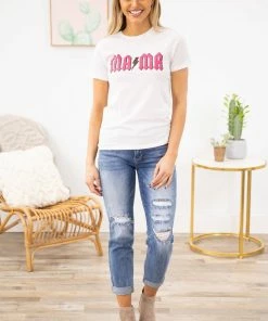 Sweet Claire SHORT SLEEVES White And Hot Pink MAMA Graphic Tee
