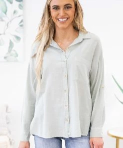 Be Cool Sage Roll Sleeve Button Up Top LONG SLEEVES