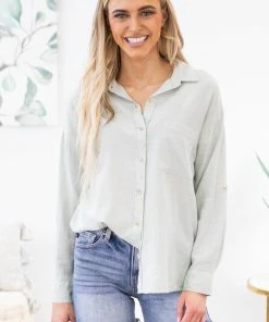 Be Cool Sage Roll Sleeve Button Up Top LONG SLEEVES
