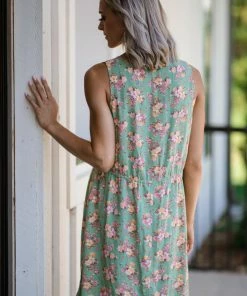 Staccato Sage Floral Button Down Elastic Waist Dress Dresses