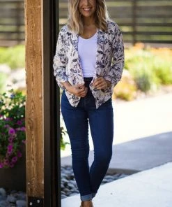 My Story Beige And Slate Blue Floral Print Blazer