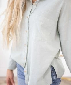 Be Cool Sage Roll Sleeve Button Up Top LONG SLEEVES