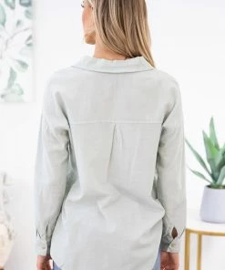 Be Cool Sage Roll Sleeve Button Up Top LONG SLEEVES