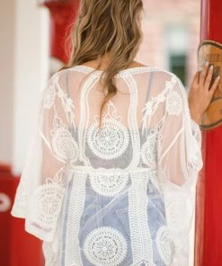 SHORELINE Tops White Embroidered Drawstring Waist Top