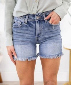 Kancan Medium Wash Raw Hem High Waist Shorts Bottoms
