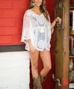 SHORELINE Tops White Embroidered Drawstring Waist Top