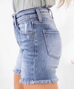 Kancan Medium Wash Raw Hem High Waist Shorts Bottoms