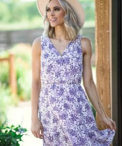 Gilli Dresses Lavender Floral Print Elastic Waist Dress