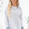 Doe & Rae Dusty Blue And White Textured Stripe Pullover