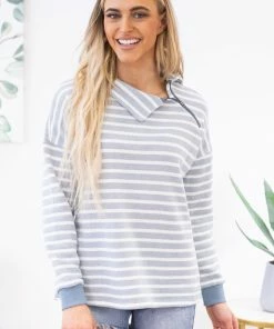 Doe & Rae Dusty Blue And White Textured Stripe Pullover