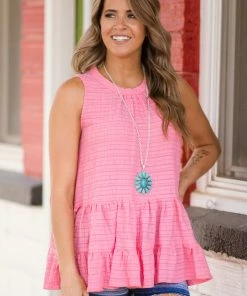 Glam LA Apparel Tops Pink Textured Babydoll Tank