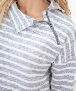 Doe & Rae Dusty Blue And White Textured Stripe Pullover