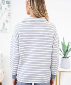 Doe & Rae Dusty Blue And White Textured Stripe Pullover
