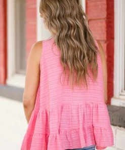 Glam LA Apparel Tops Pink Textured Babydoll Tank