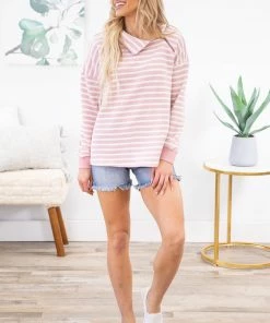 Doe & Rae LONG SLEEVES Blush And White Textured Stripe Pullover